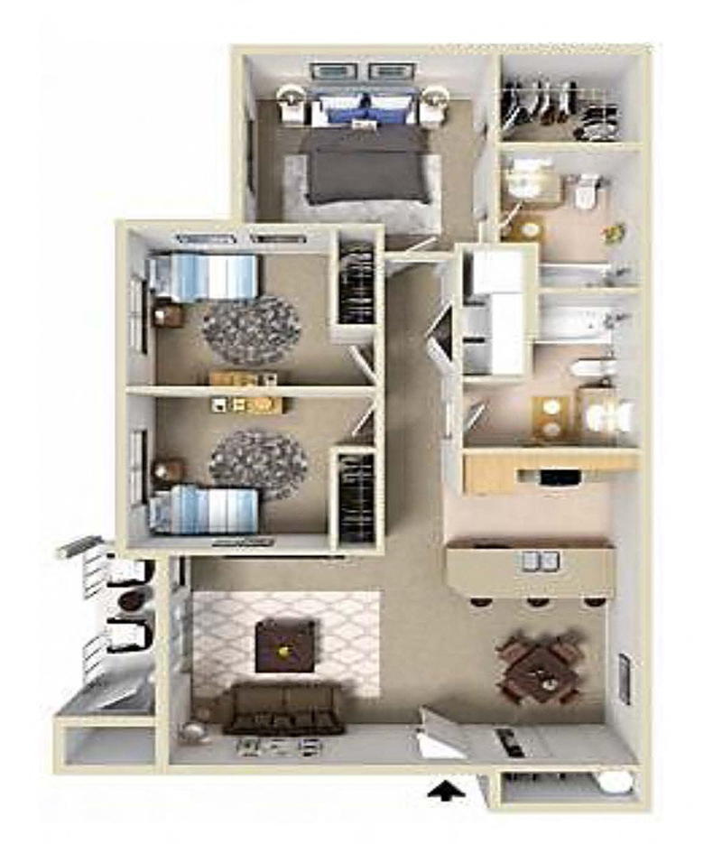 Floor plan for 3 beds, 2 baths, 1109 sqft